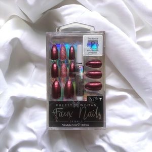 New Pretty Woman Faux Nails 24 Set With Glue Deep Wine Color Almond Tip #PD6261